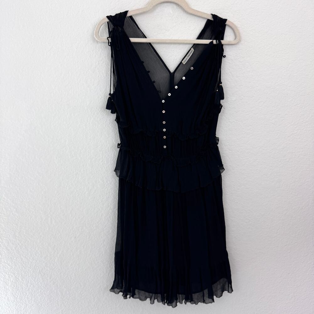 Ulla Johnson Womens 100% Silk Mini Dress Size 2 Tassels Tiered Ruffle Black